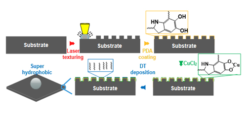 Biomimetic surfaces with hierarchical structure using microsized texture and nanosized Cu particles for superhydrophobicity 